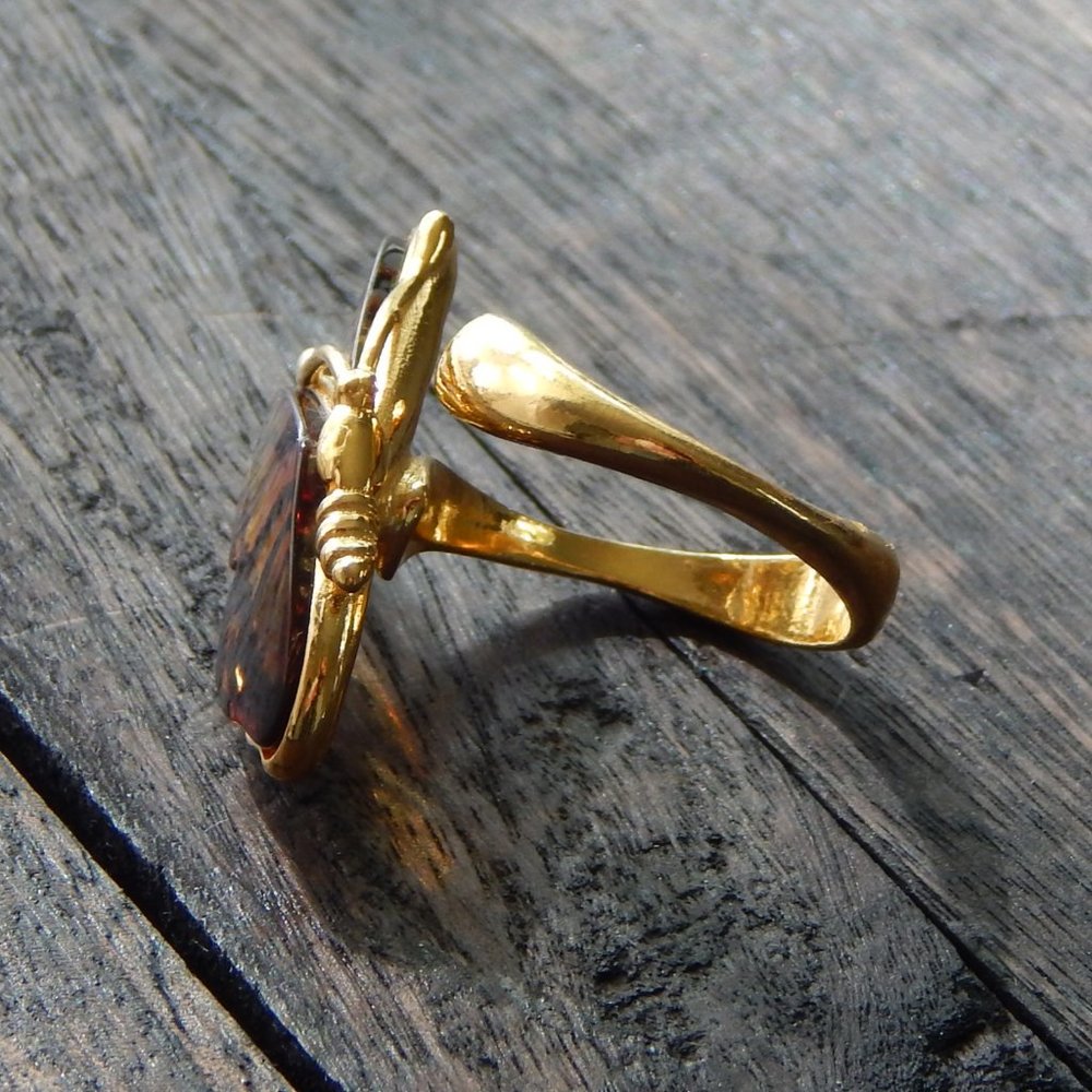 Natural Baltic Amber 14K Gold Plated Adjustable Butterfly Ring - Picture 4 of 6